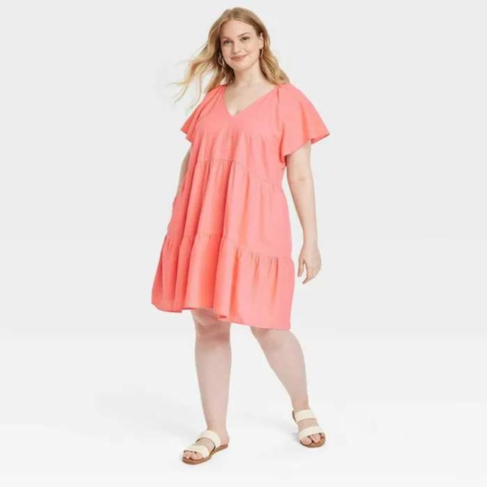 Universal Thread Coral Linen Blend Women's Mini Babydoll Skater Dress, Size XXL